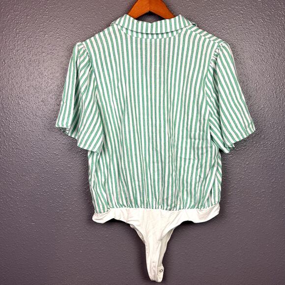 Draper James RSVP Women XL Button Front Linen Blend Bodysuit Kelly Green Stripe - Picture 2 of 4